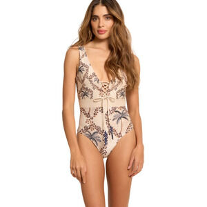 Cosita Linda One Piece Shimmery Swimsuit M Plunge Lace-Up Beaded Tropical Resort